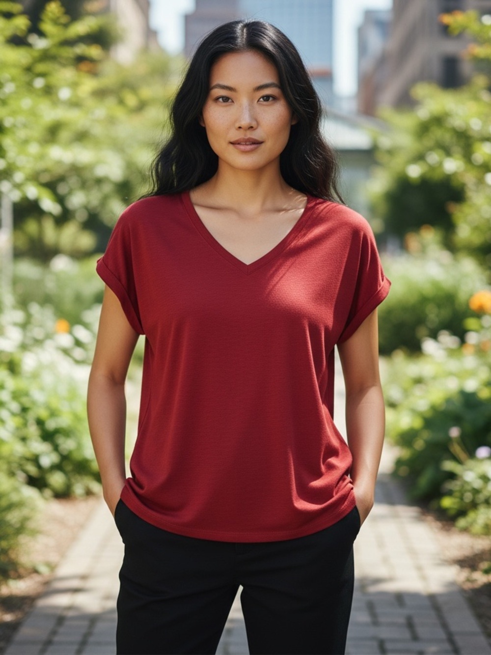 Orvis Women's V-Neck Short Sleeve Top in Brick Red